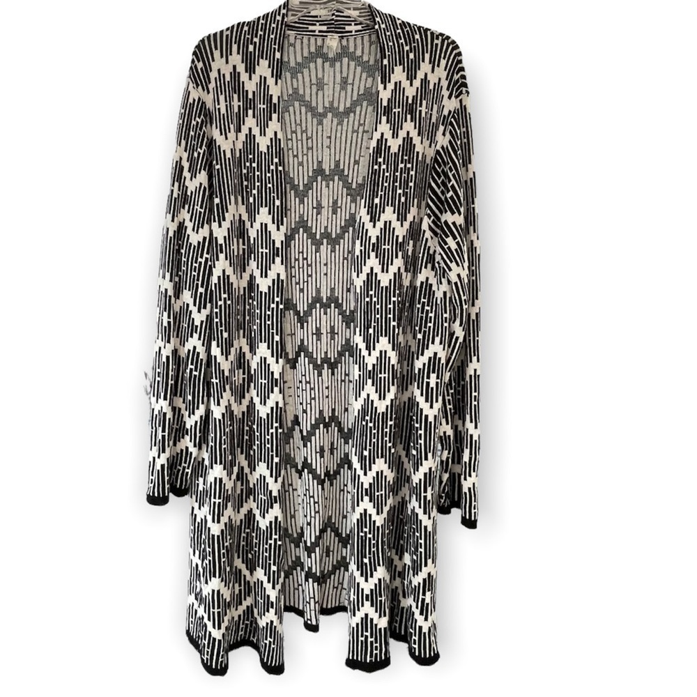 Pina Rossi Black & White Chevron Open Front Long Cardigan Jacket Cotton XL